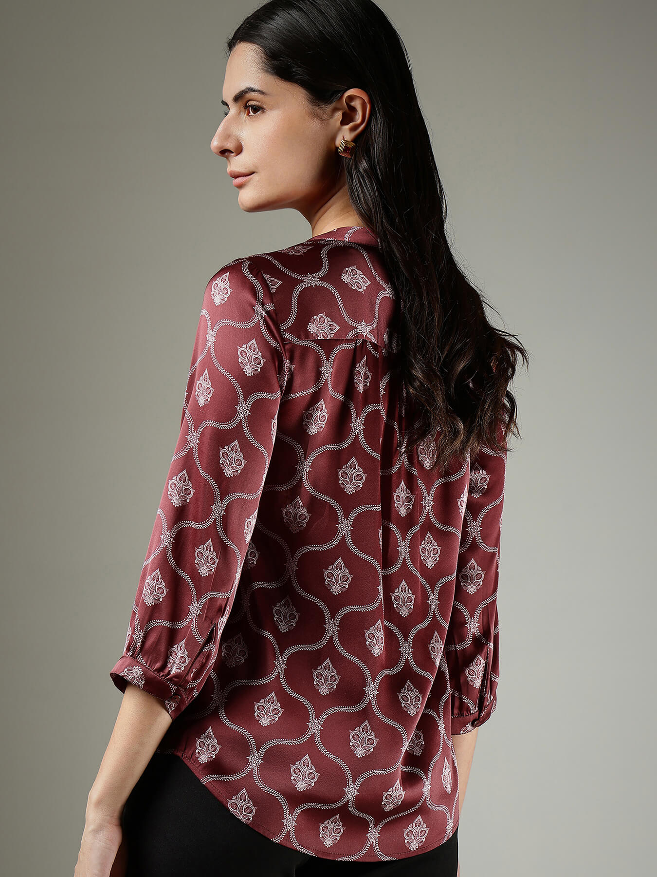 Satin Indian Motif Top - Burgundy