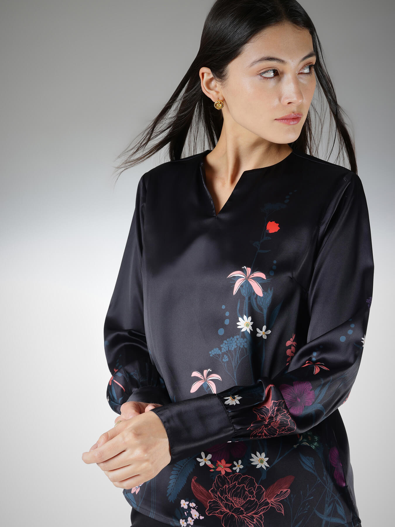 Satin Floral Top - Black