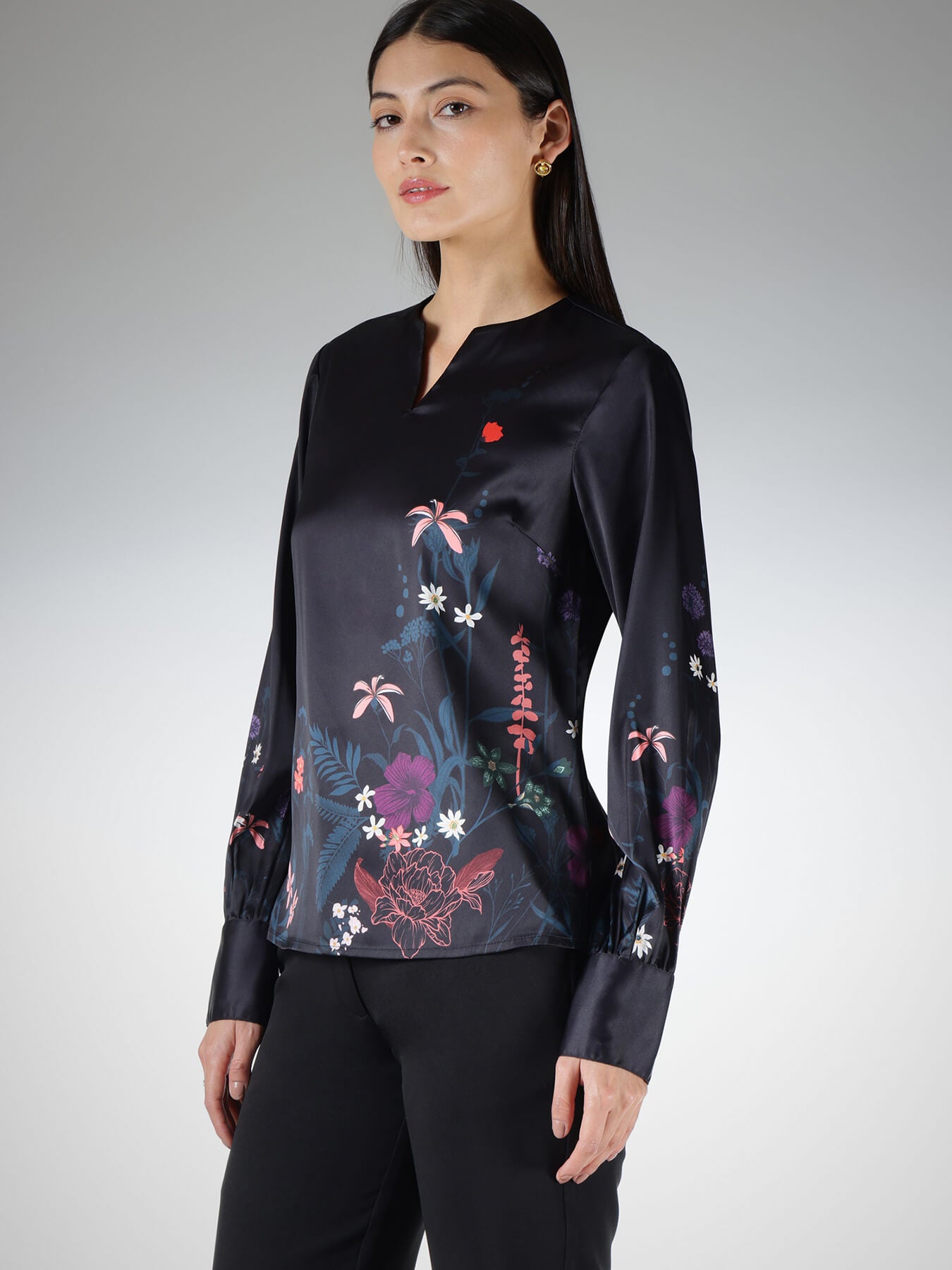 Satin Floral Top - Black