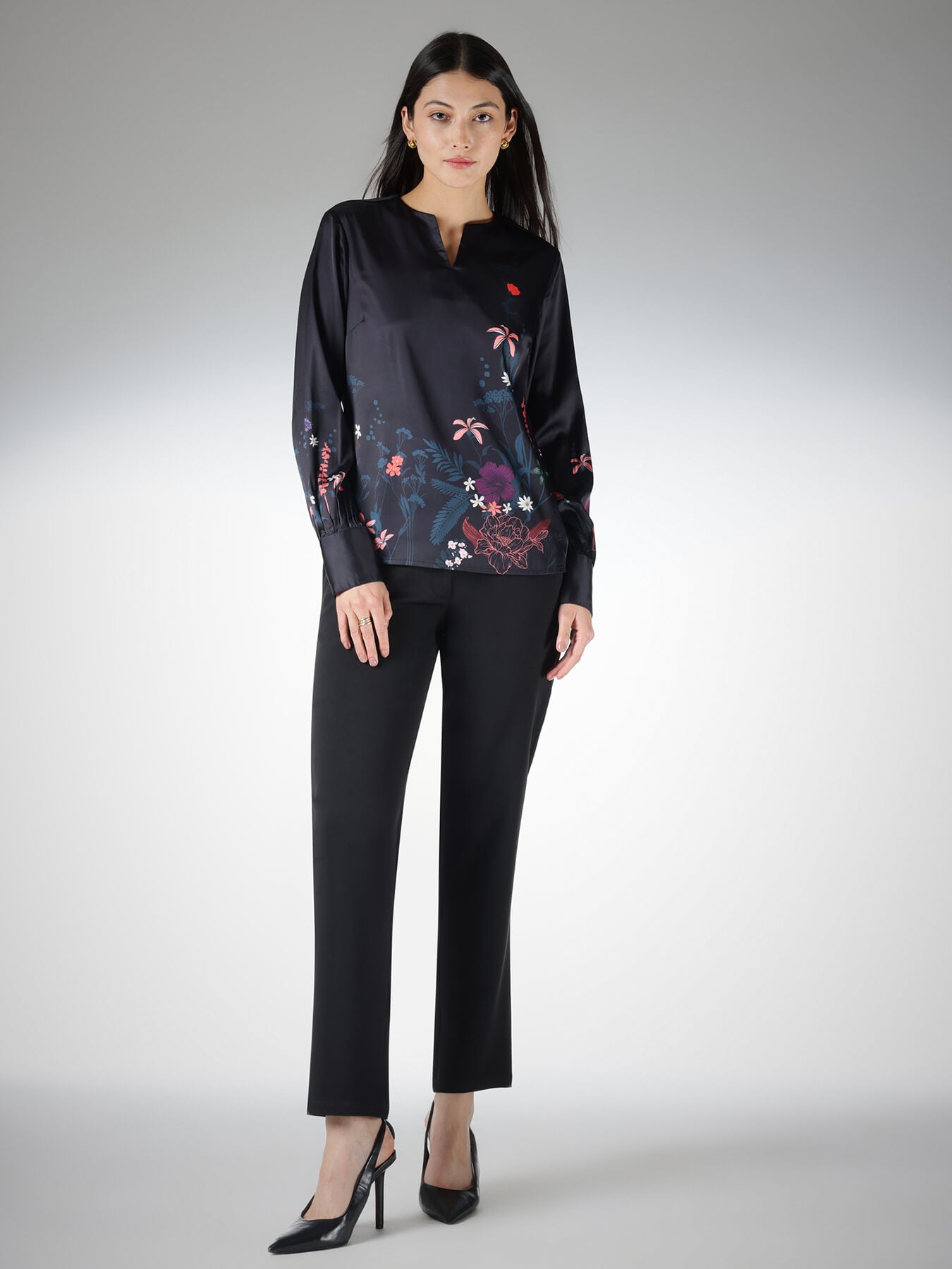 Satin Floral Top - Black