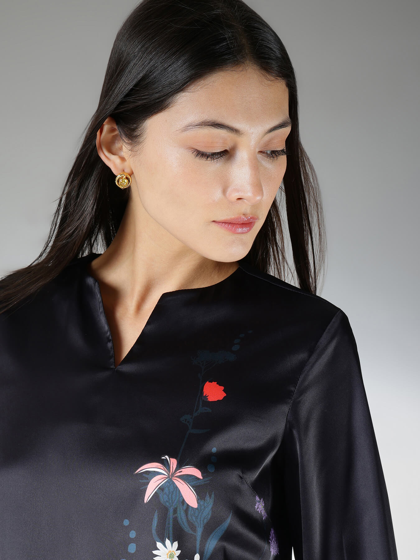 Satin Floral Top - Black