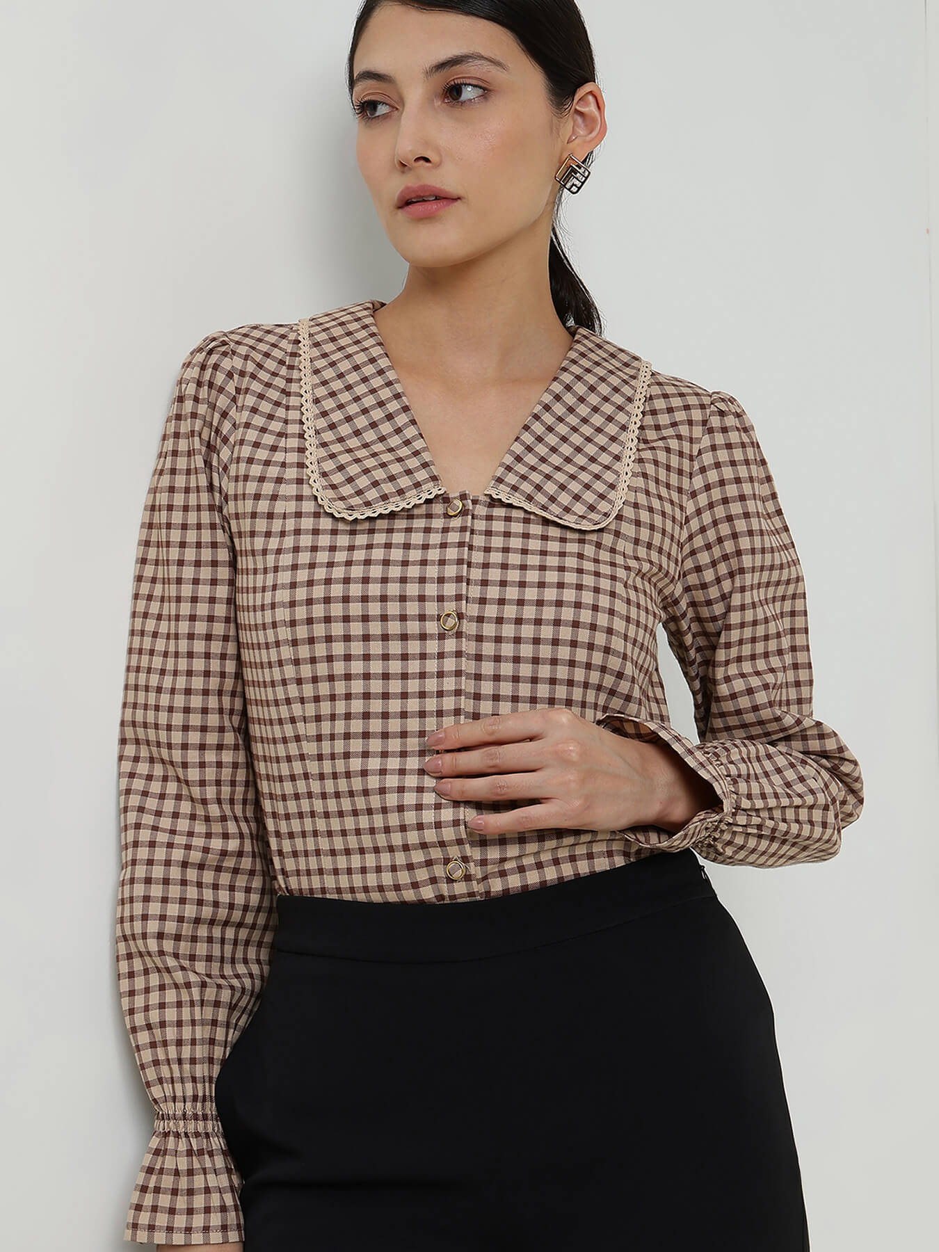 Cotton Gingham Peter Pan Collar Top - Beige