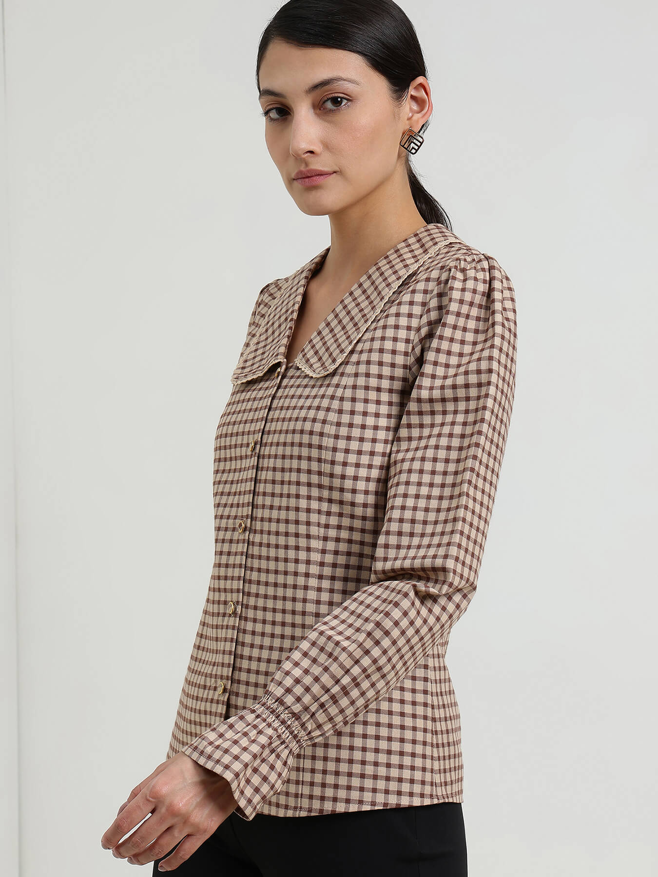 Cotton Gingham Peter Pan Collar Top - Beige