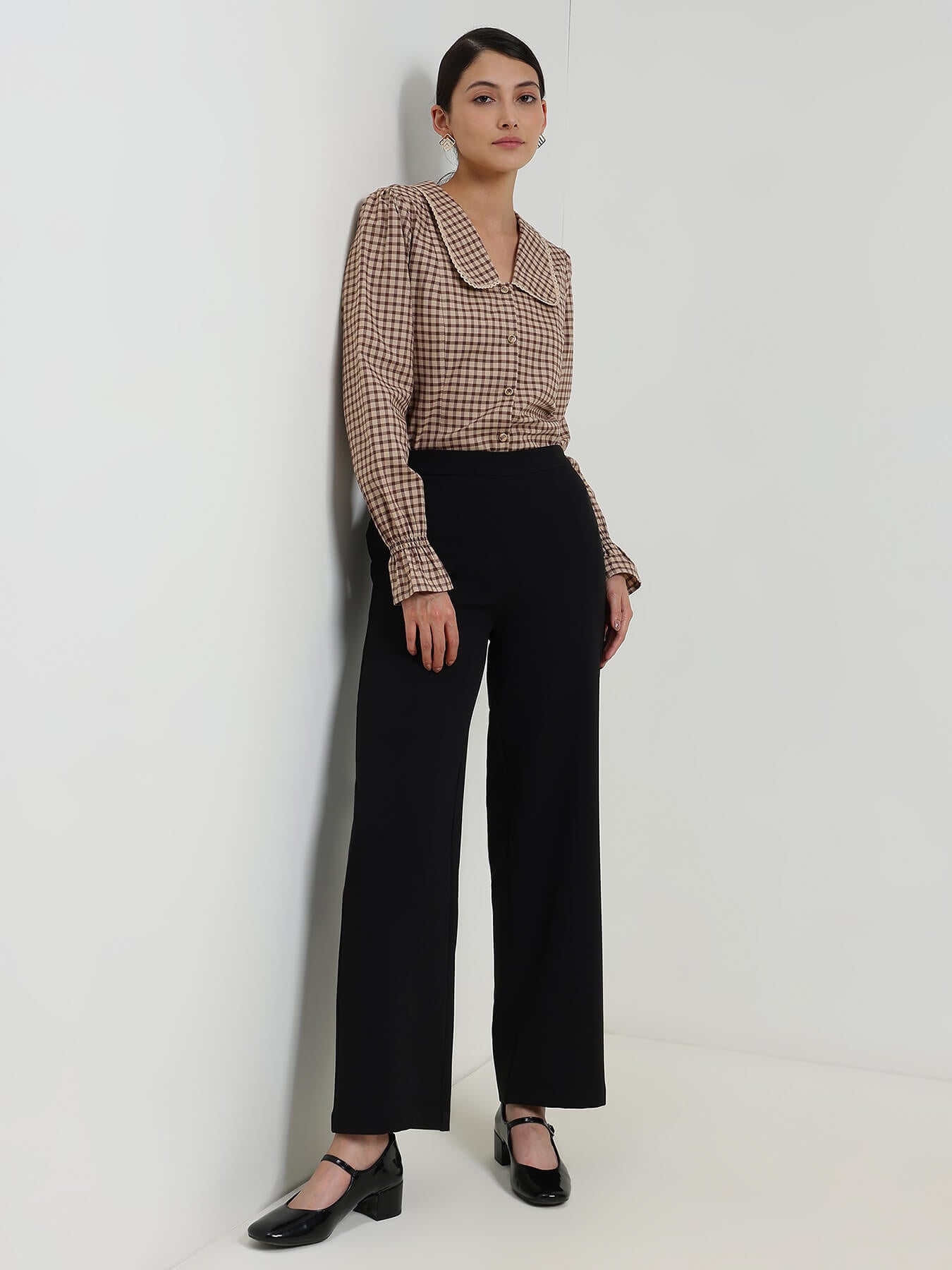 Cotton Gingham Peter Pan Collar Top - Beige