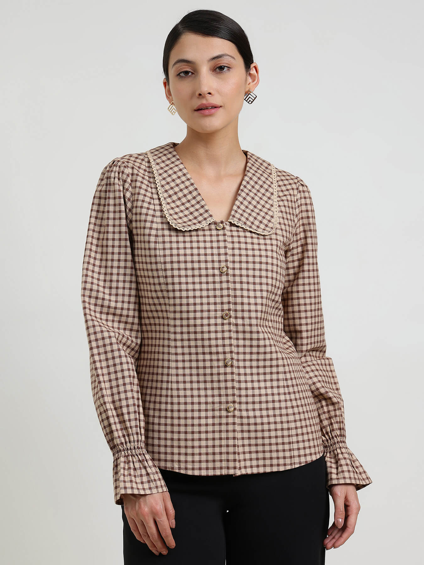 Cotton Gingham Peter Pan Collar Top - Beige