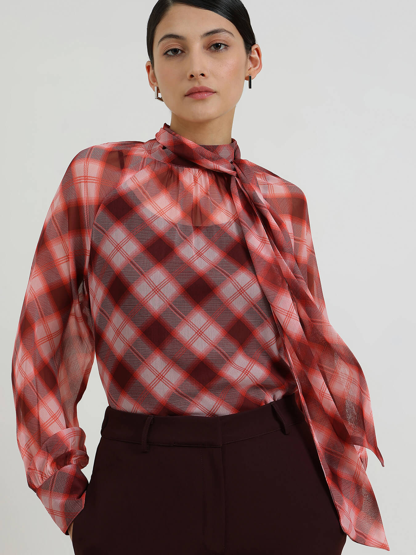 Plaid High Neck Top  -  Red