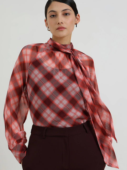 Plaid High Neck Top  -  Red