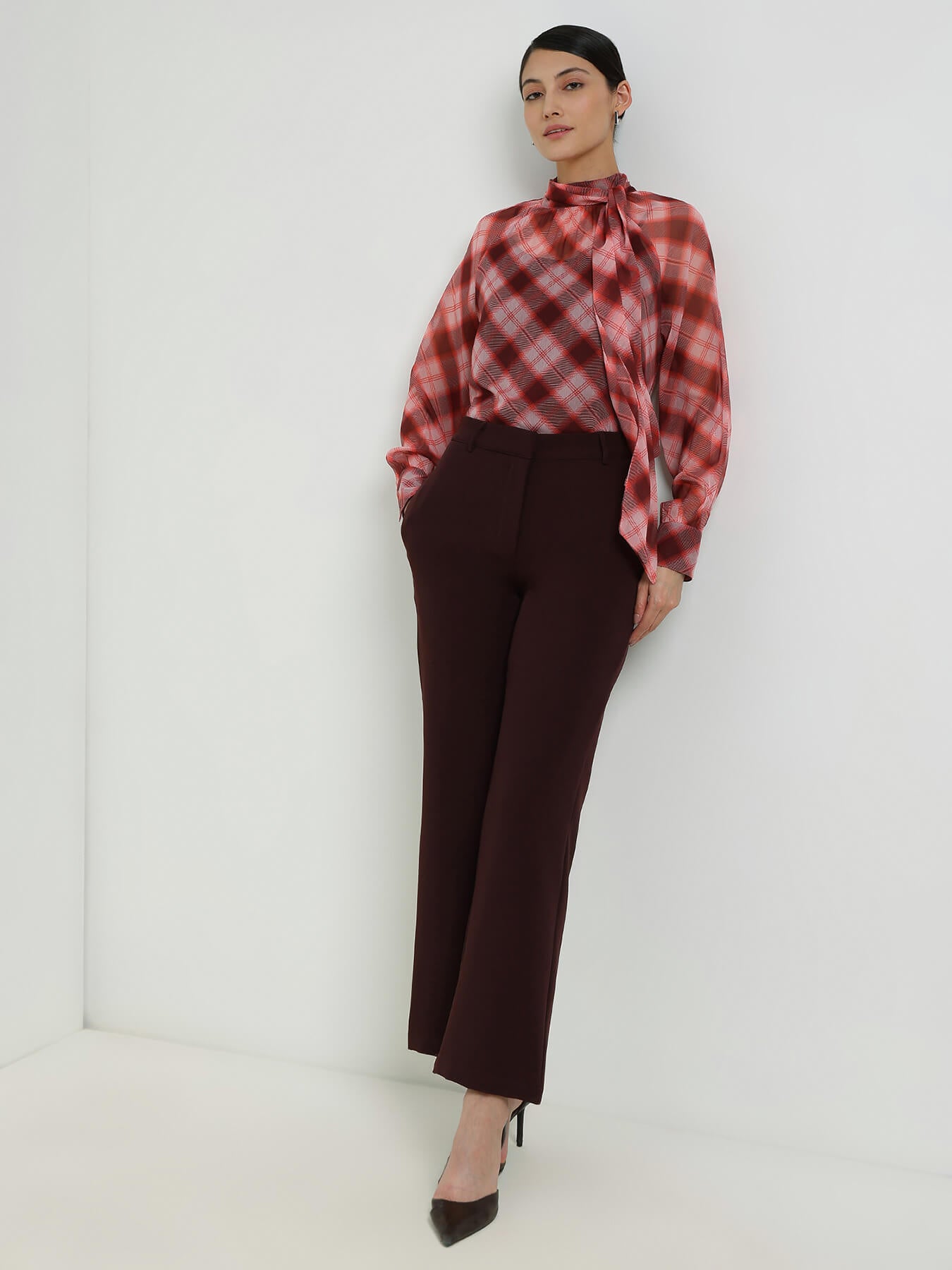 Plaid High Neck Top  -  Red