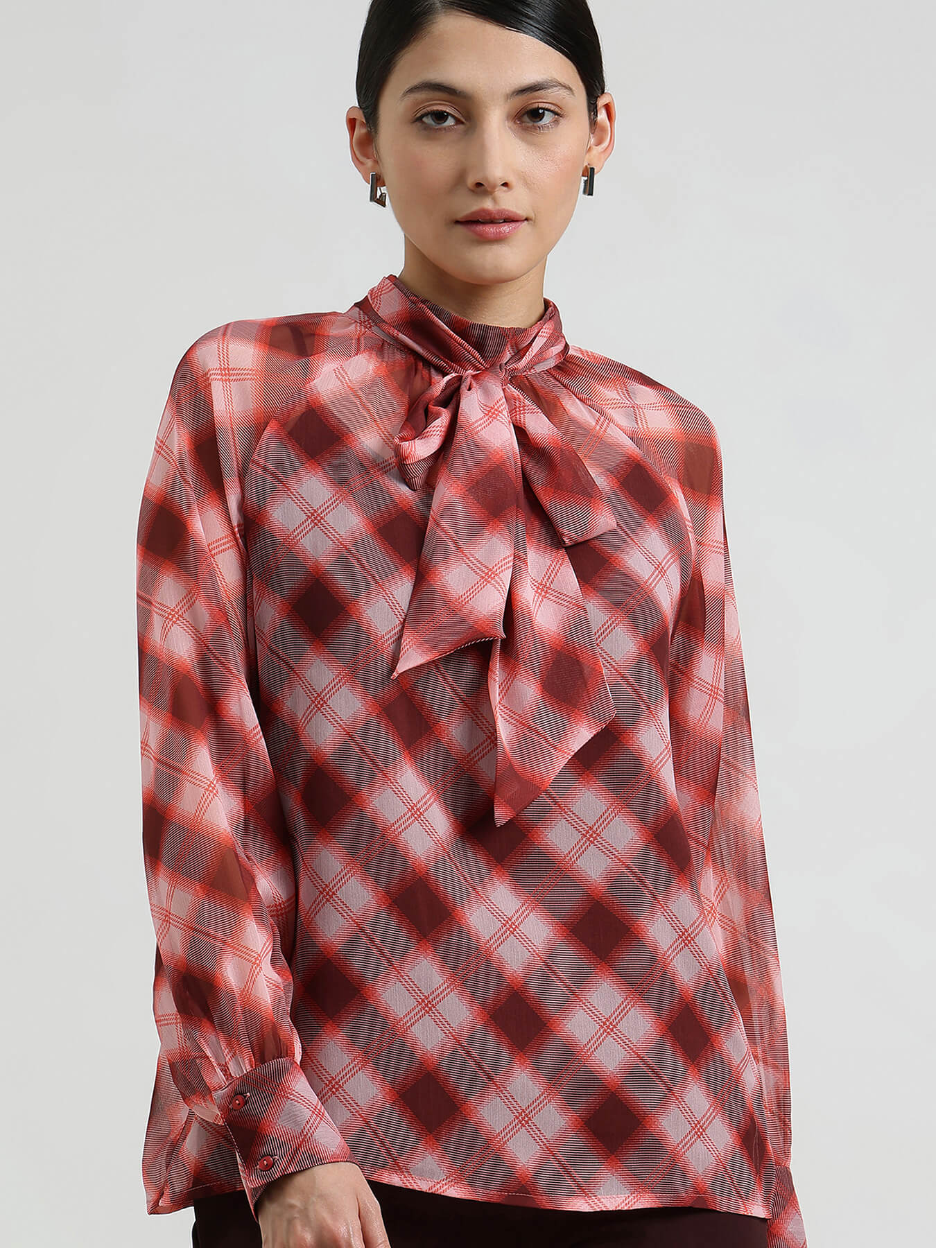 Plaid High Neck Top  -  Red