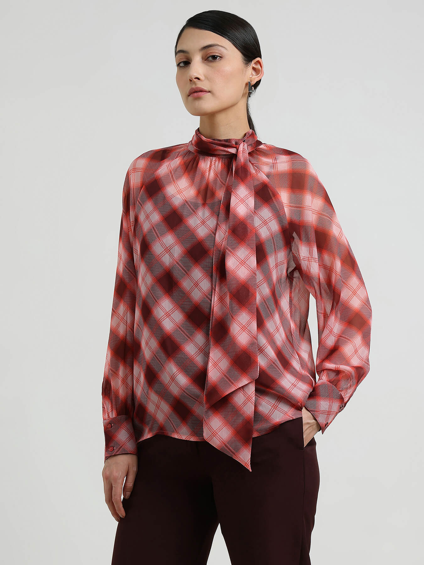 Plaid High Neck Top  -  Red