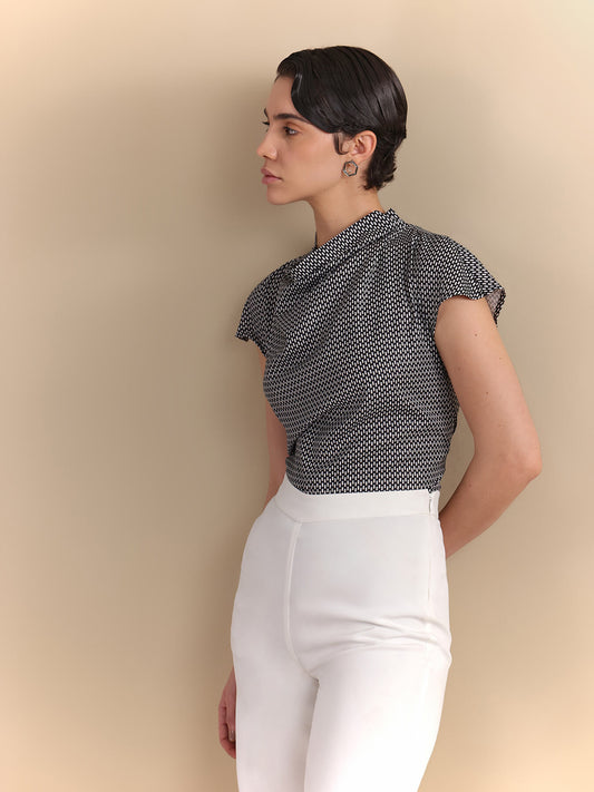 Geometric Print Cowl Neck Top - Black