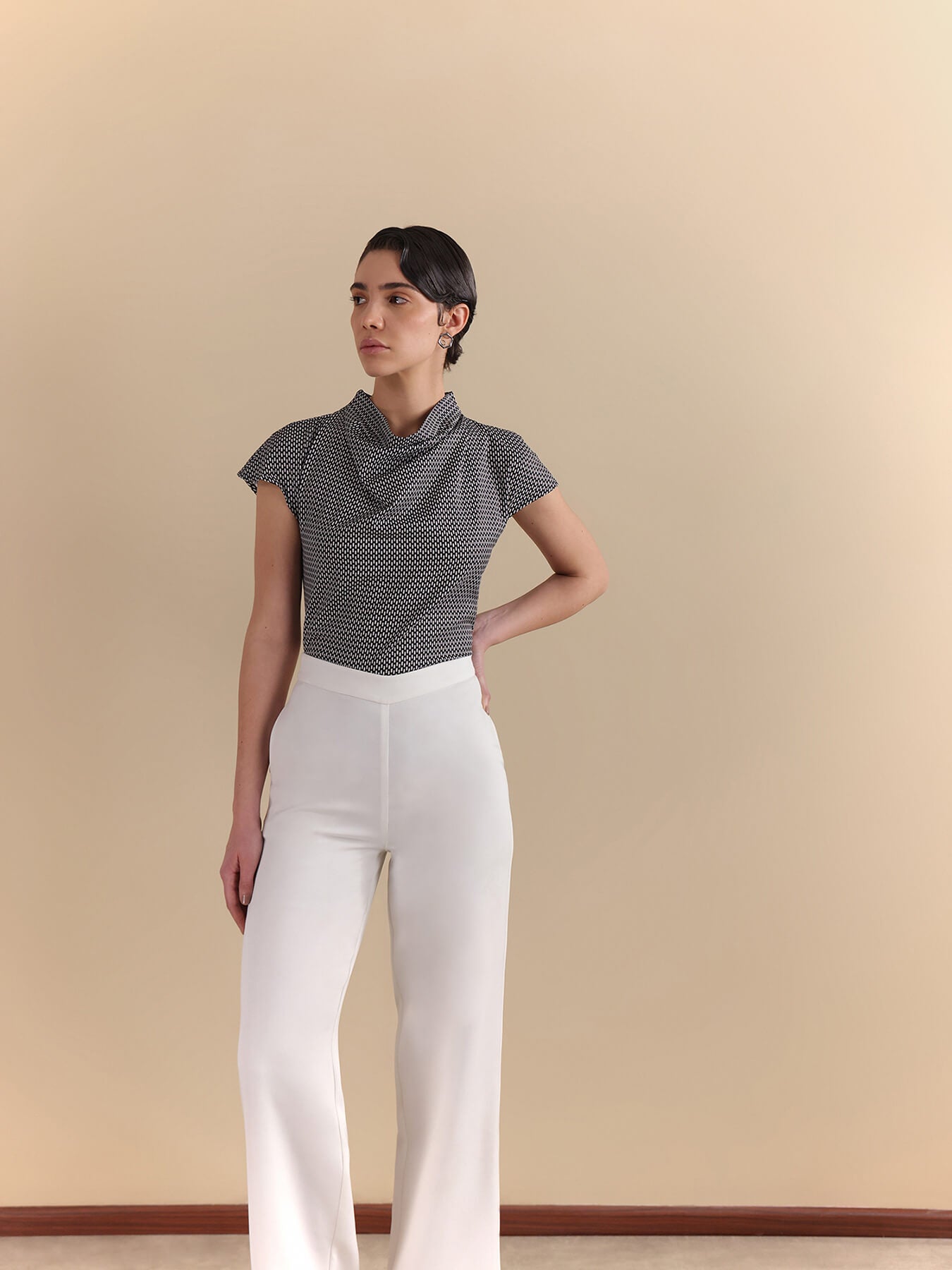 Geometric Print Cowl Neck Top - Black