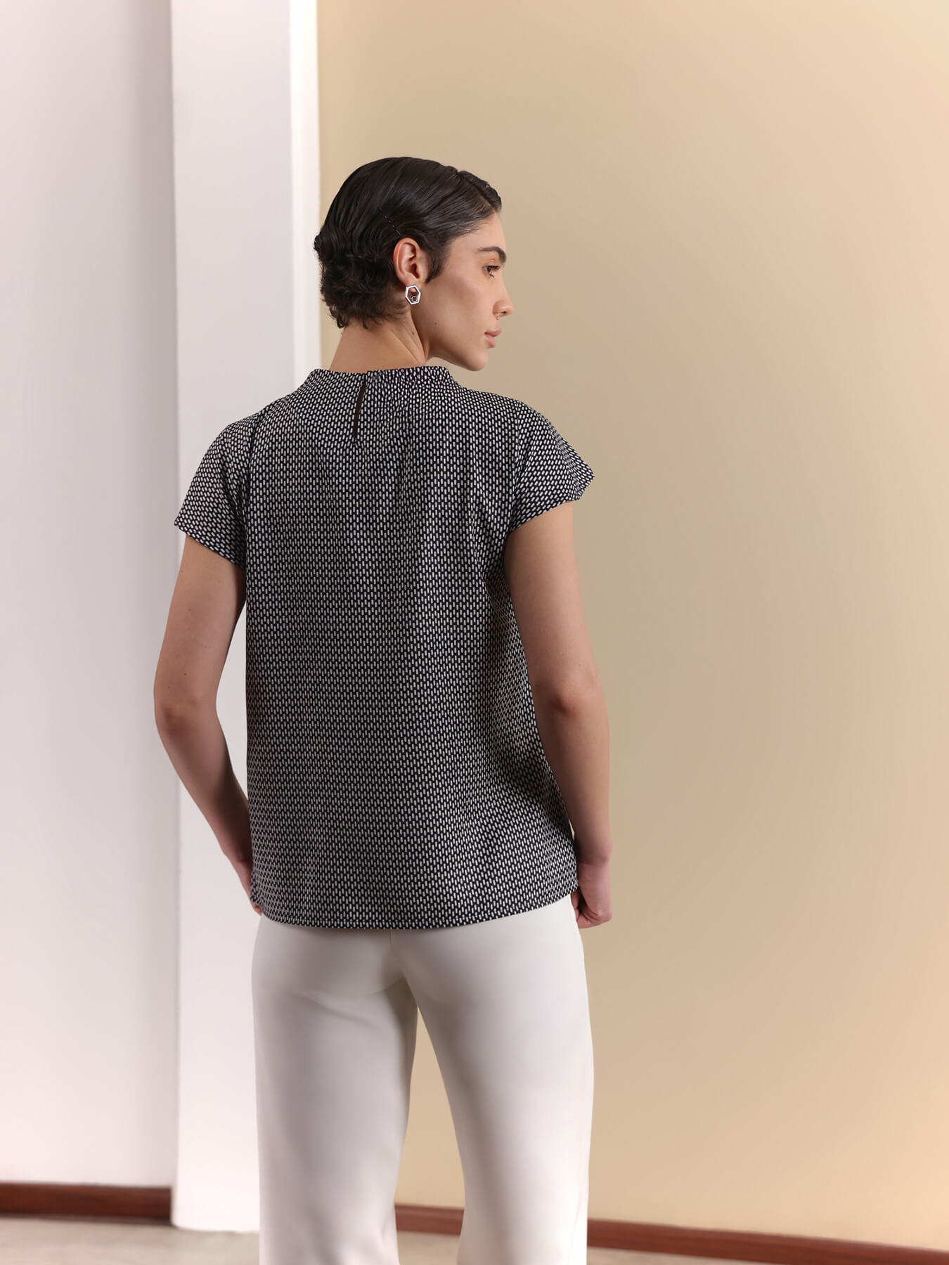 Geometric Print Cowl Neck Top - Black