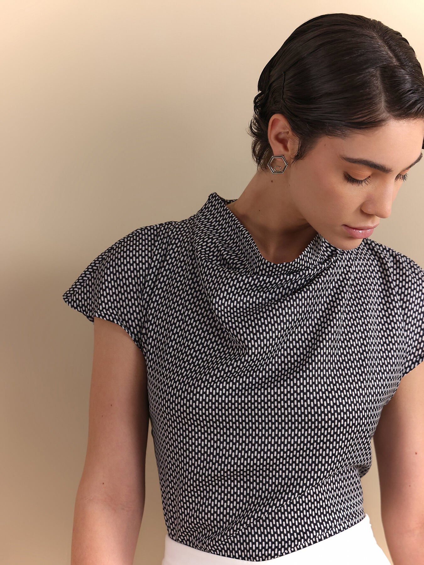 Geometric Print Cowl Neck Top - Black