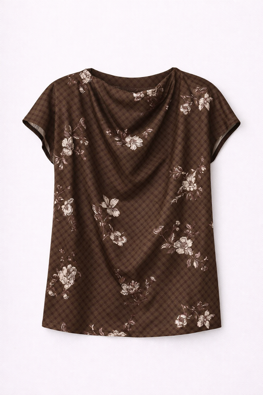 Gingham Floral Cowl Neck Top - Black
