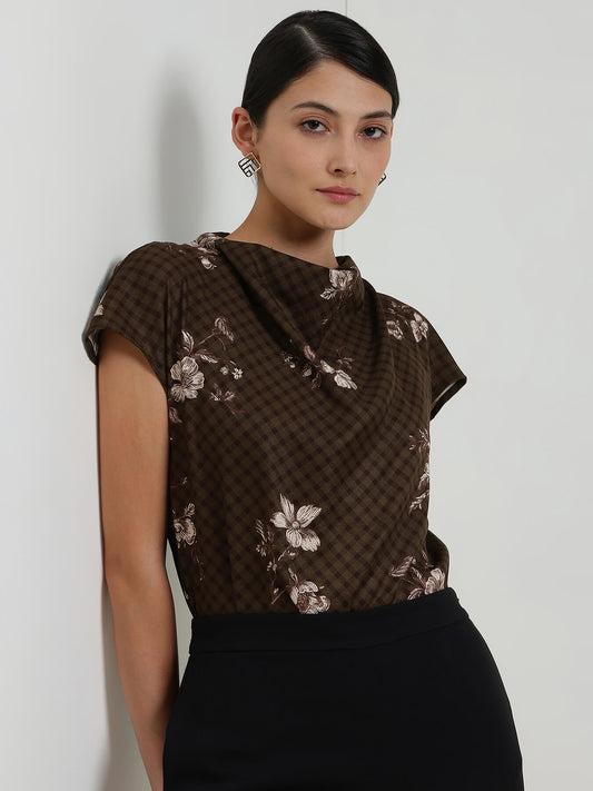 Gingham Floral Cowl Neck Top - Black