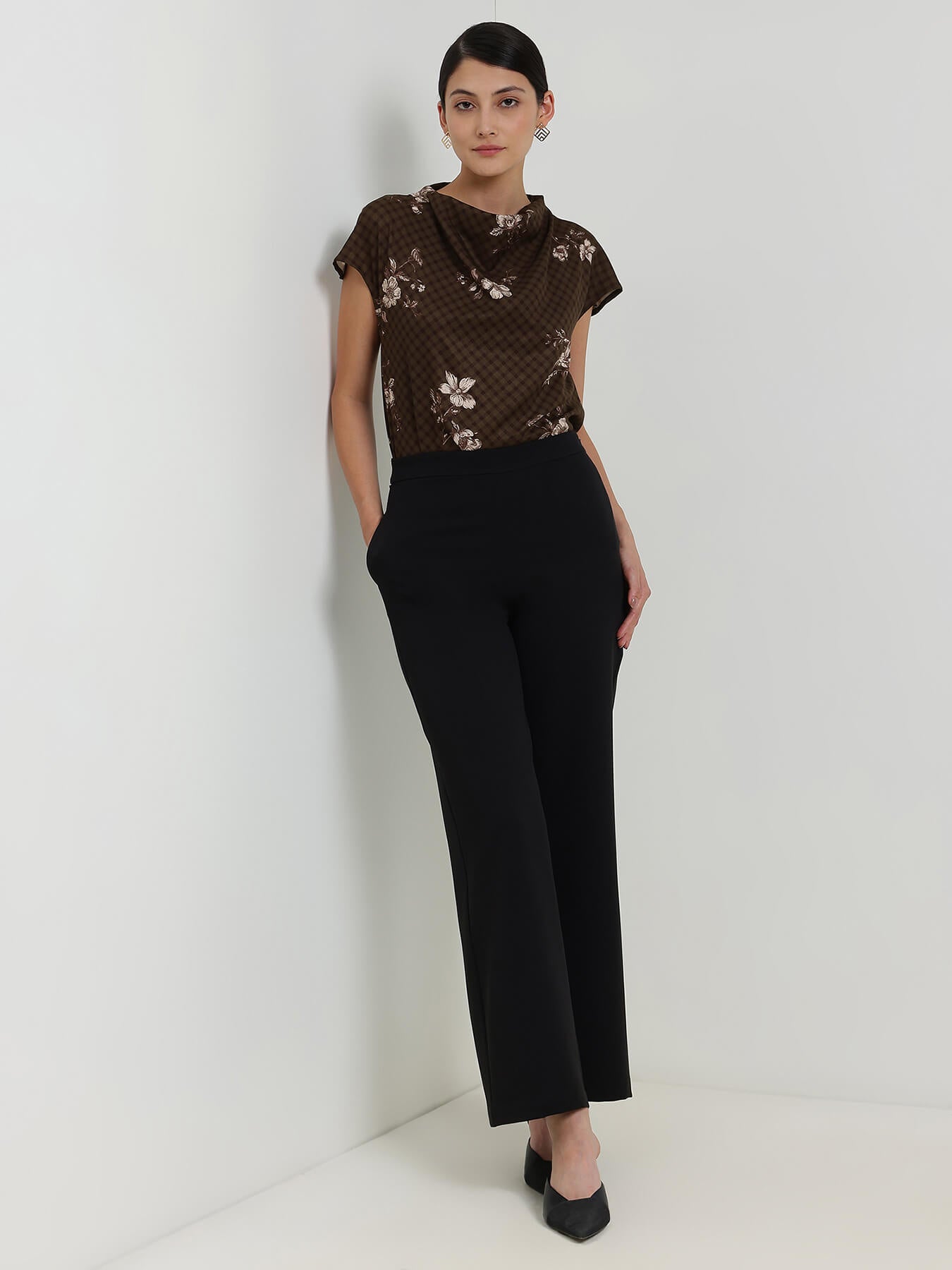 Gingham Floral Cowl Neck Top - Black