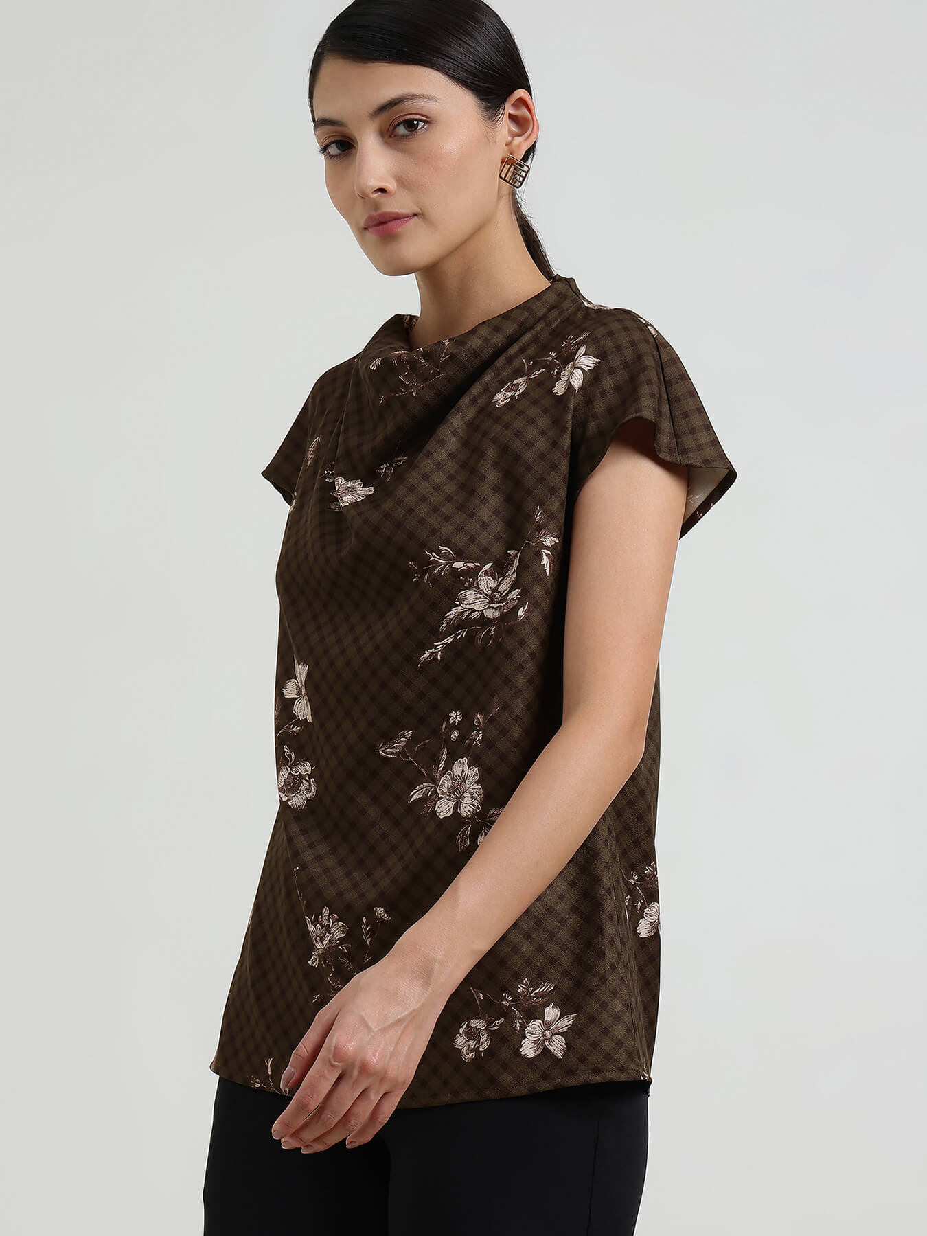 Gingham Floral Cowl Neck Top - Black