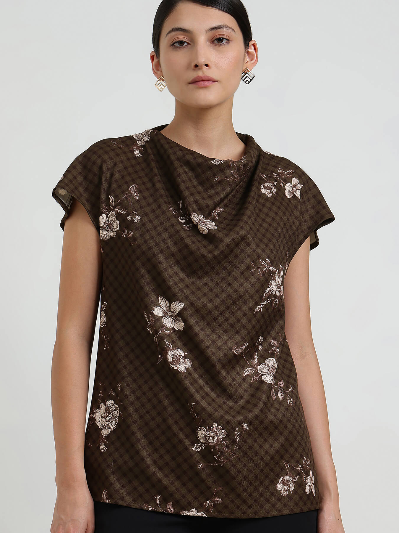 Gingham Floral Cowl Neck Top - Black