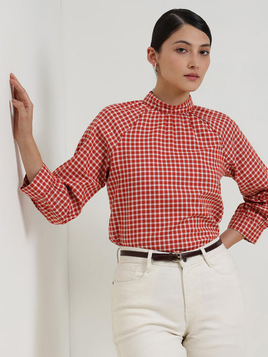 Cotton Gingham High Neck Top - Rust