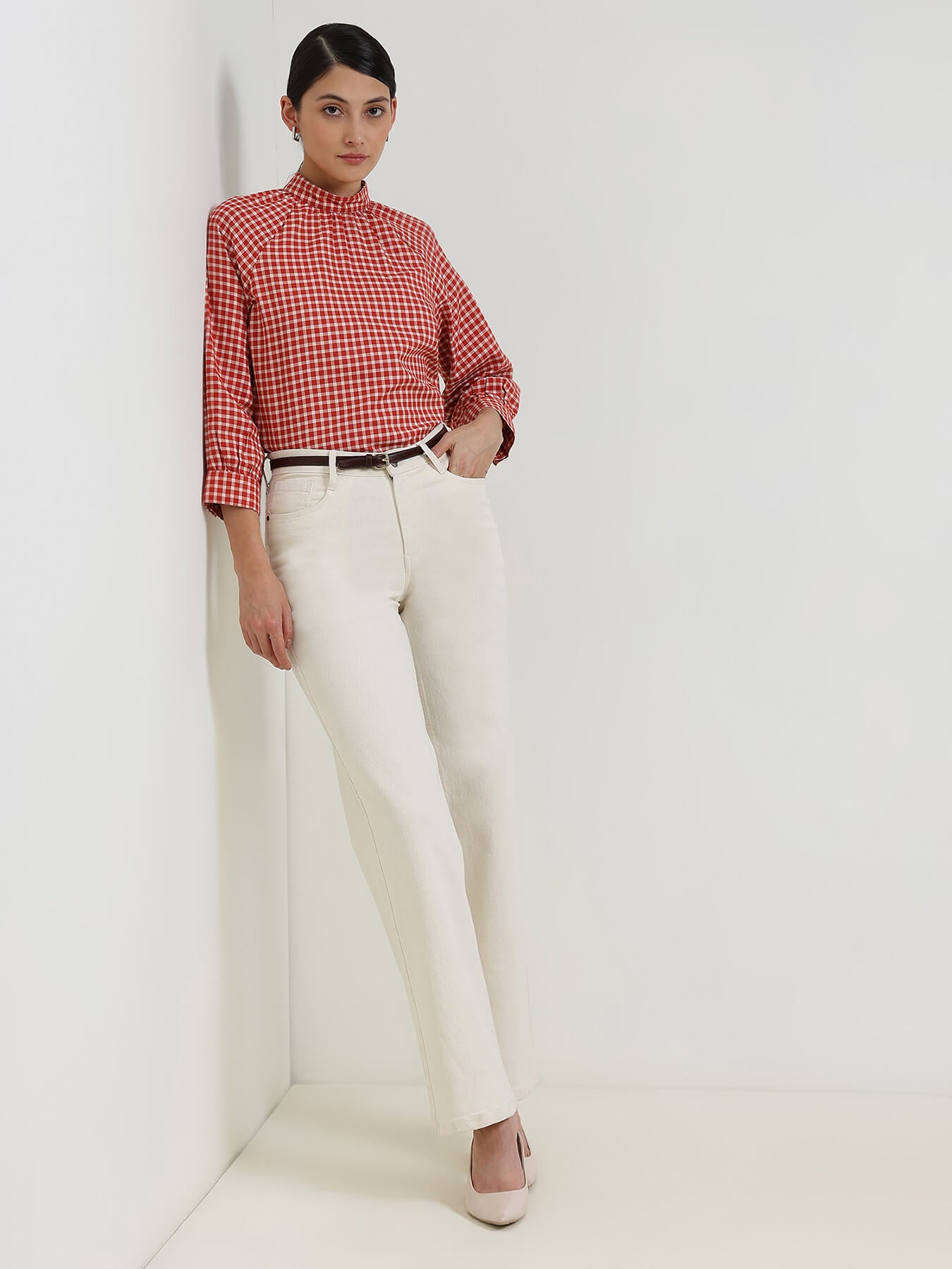 Cotton Gingham High Neck Top - Rust