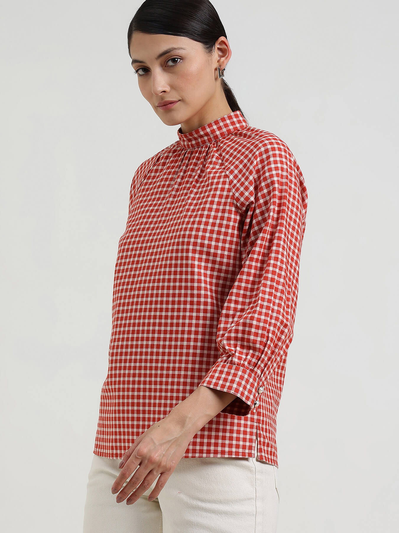 Cotton Gingham High Neck Top - Rust