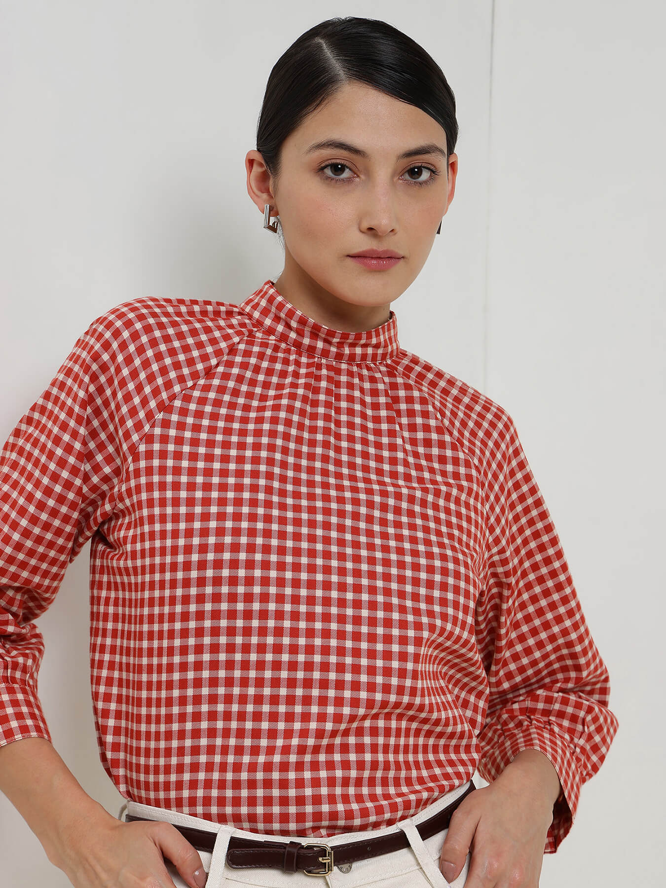 Cotton Gingham High Neck Top - Rust