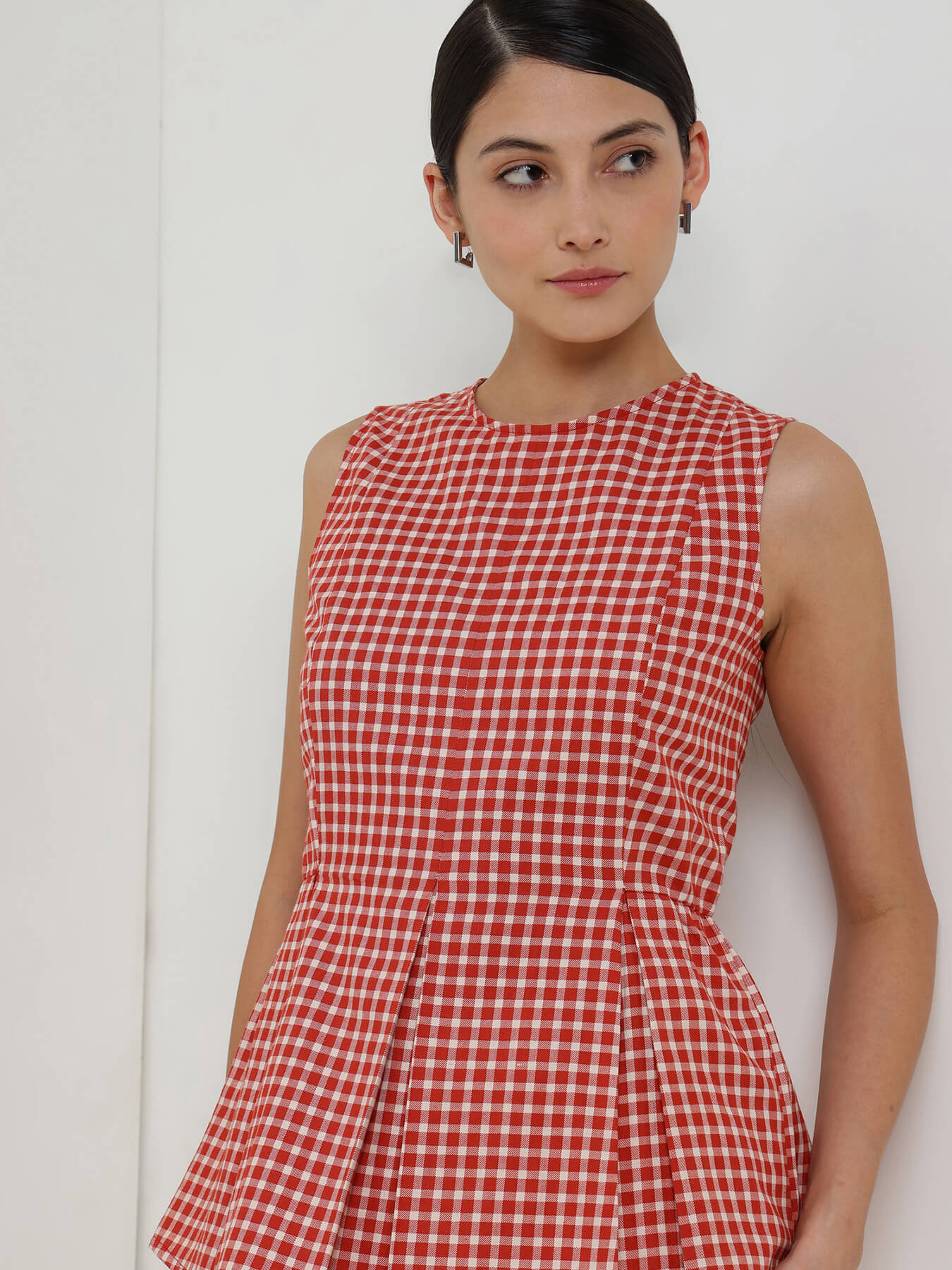 Cotton Gingham Peplum Top - Rust