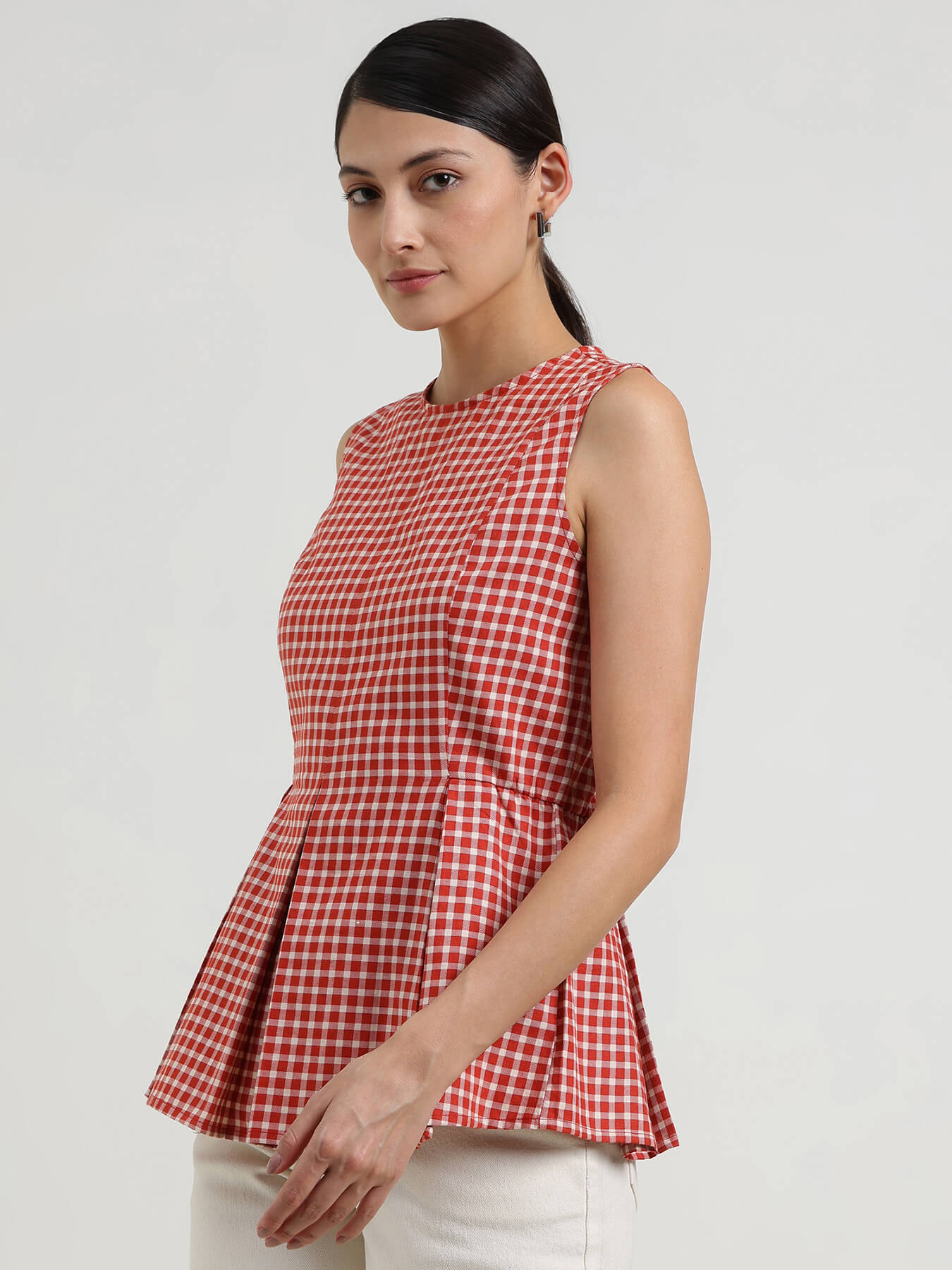 Cotton Gingham Peplum Top - Rust
