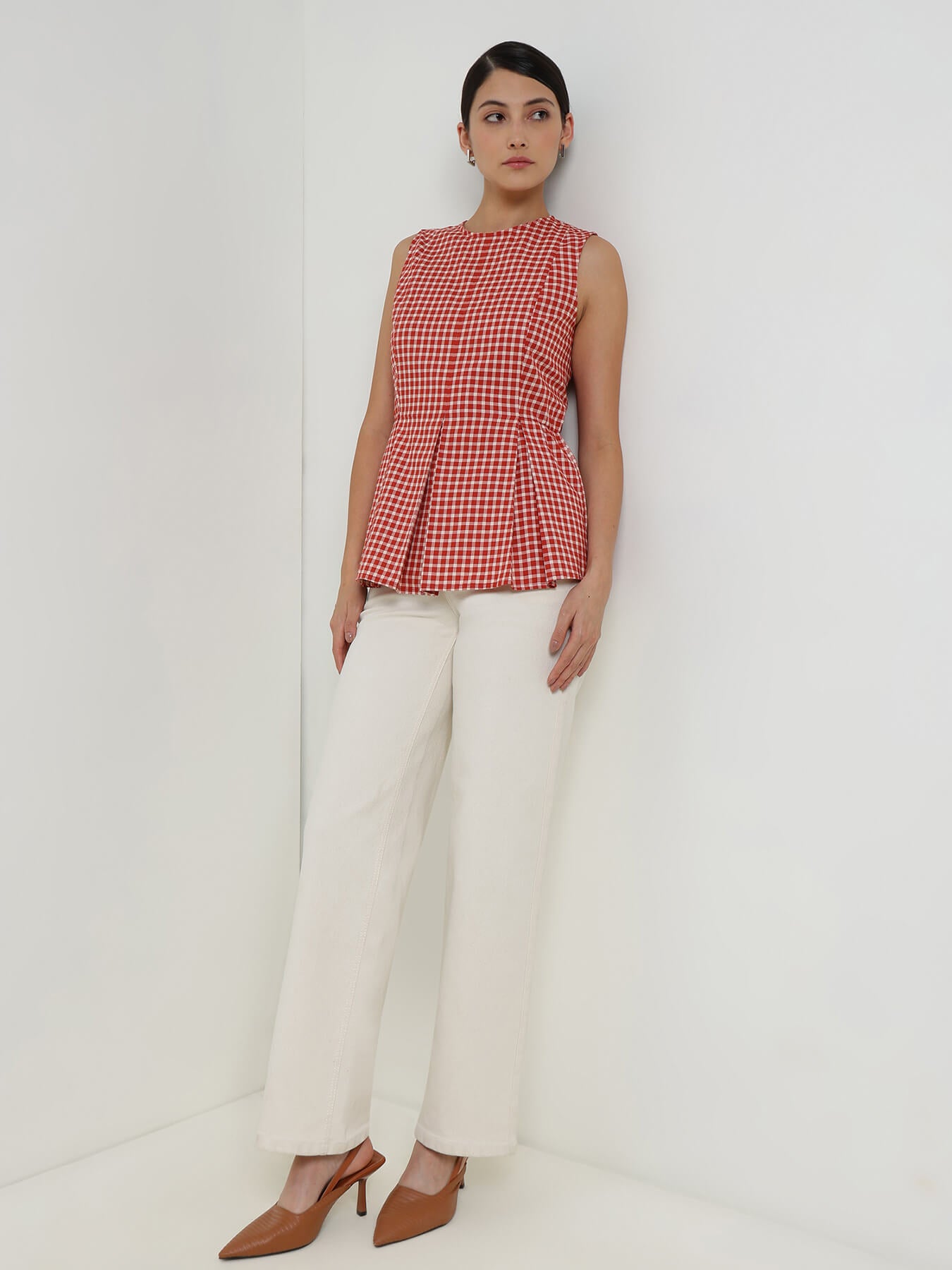 Cotton Gingham Peplum Top - Rust