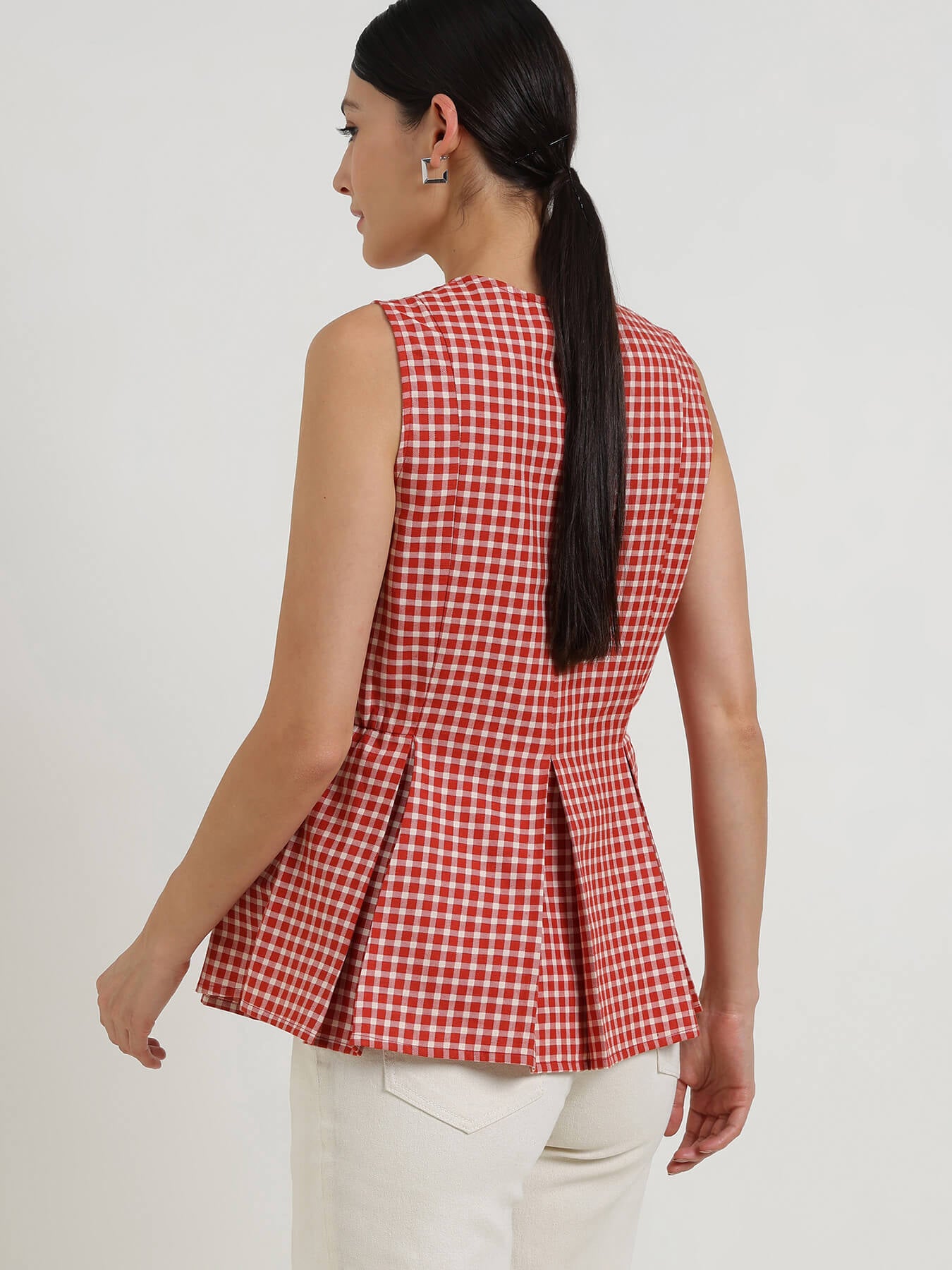 Cotton Gingham Peplum Top - Rust