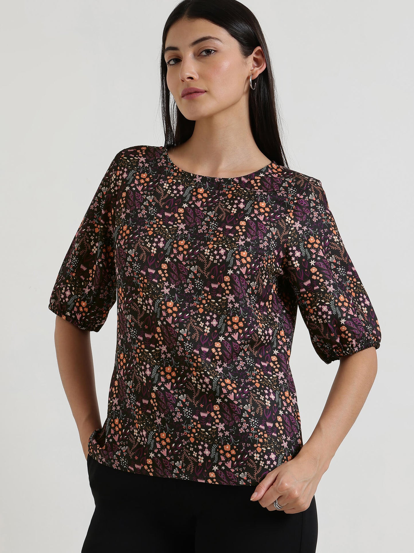Floral Round Neck Top - Black