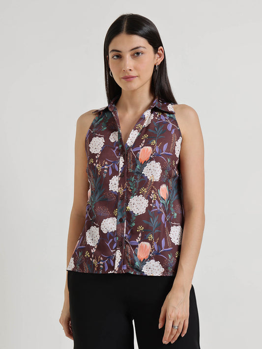 Floral V-Neck Shirt - Brown