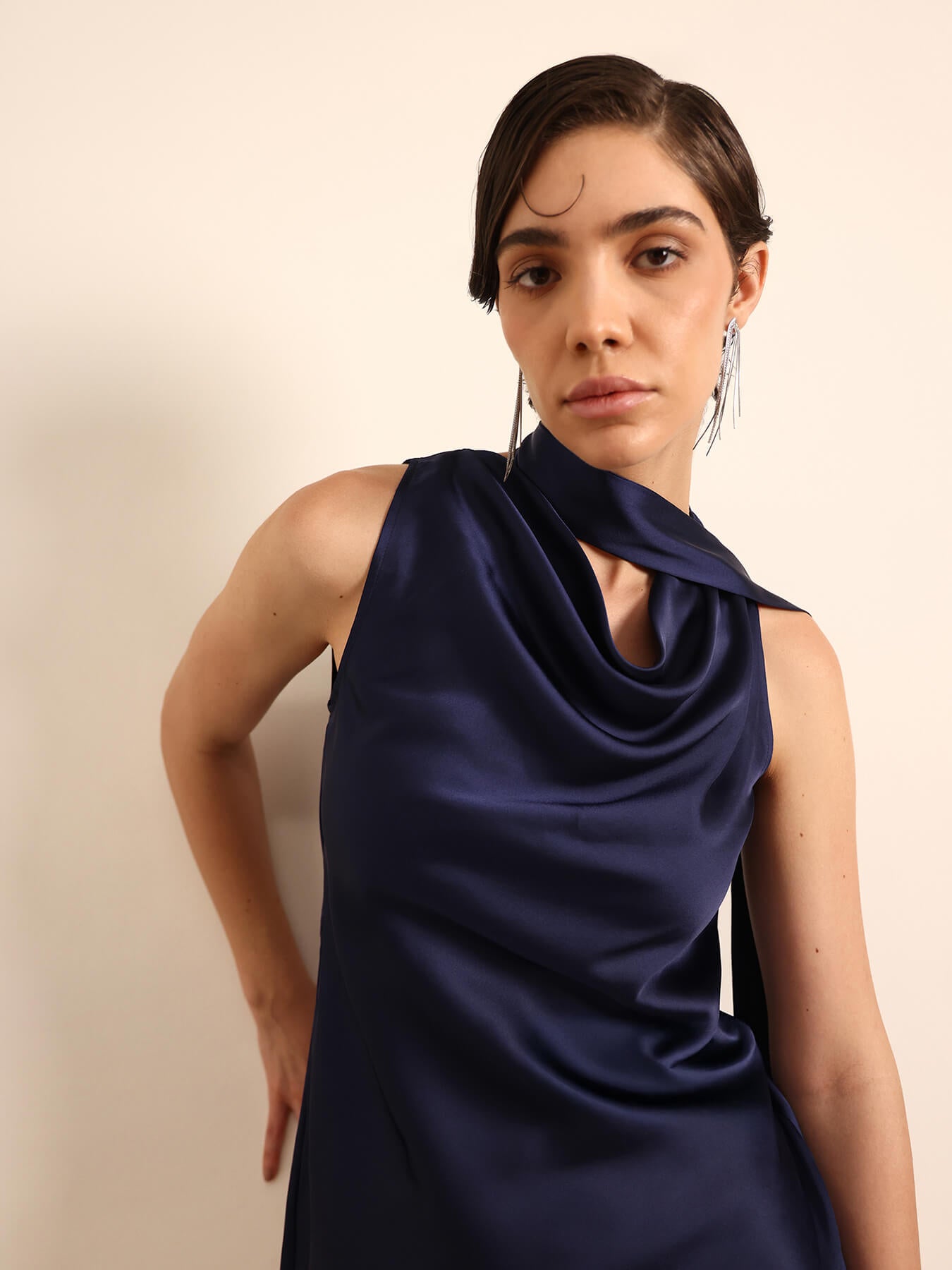 Satin Cowl Neck Top - Blue