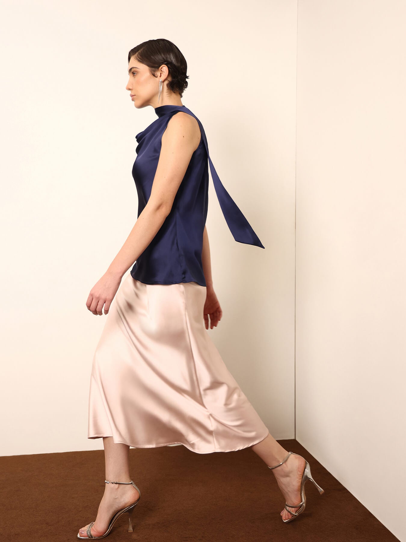 Satin Cowl Neck Top - Blue