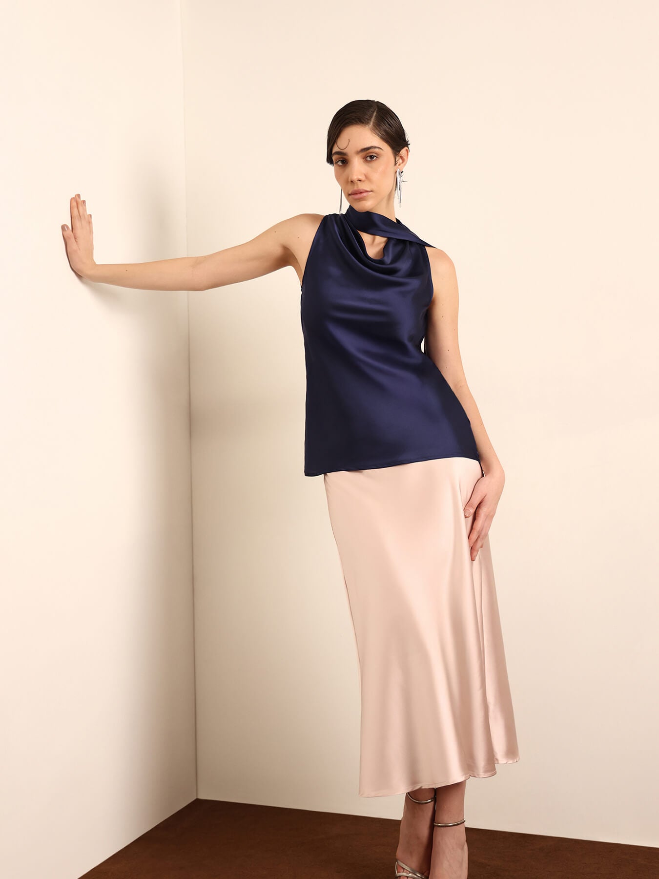 Satin Cowl Neck Top - Blue