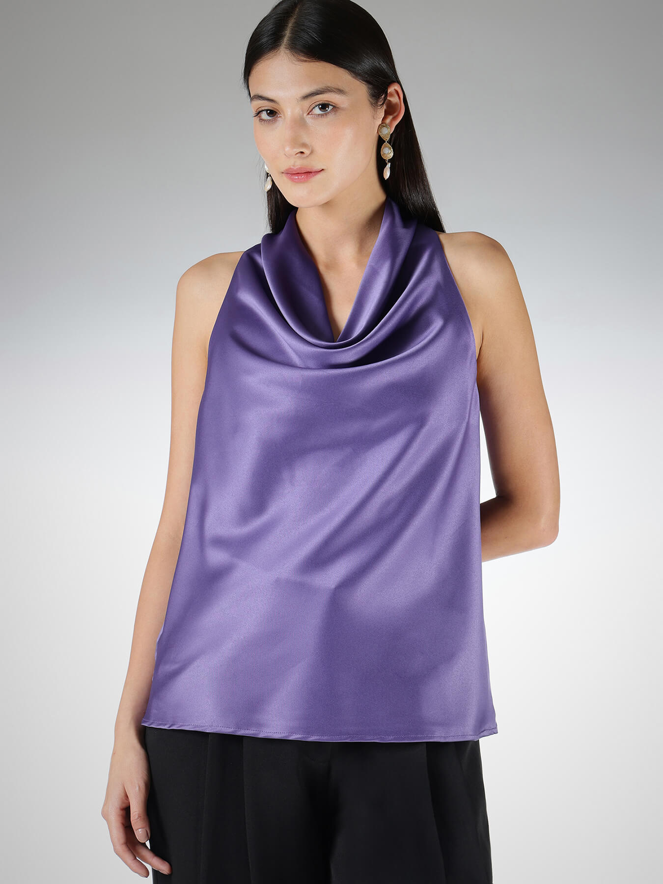 Satin Cowl Neck Top - Purple
