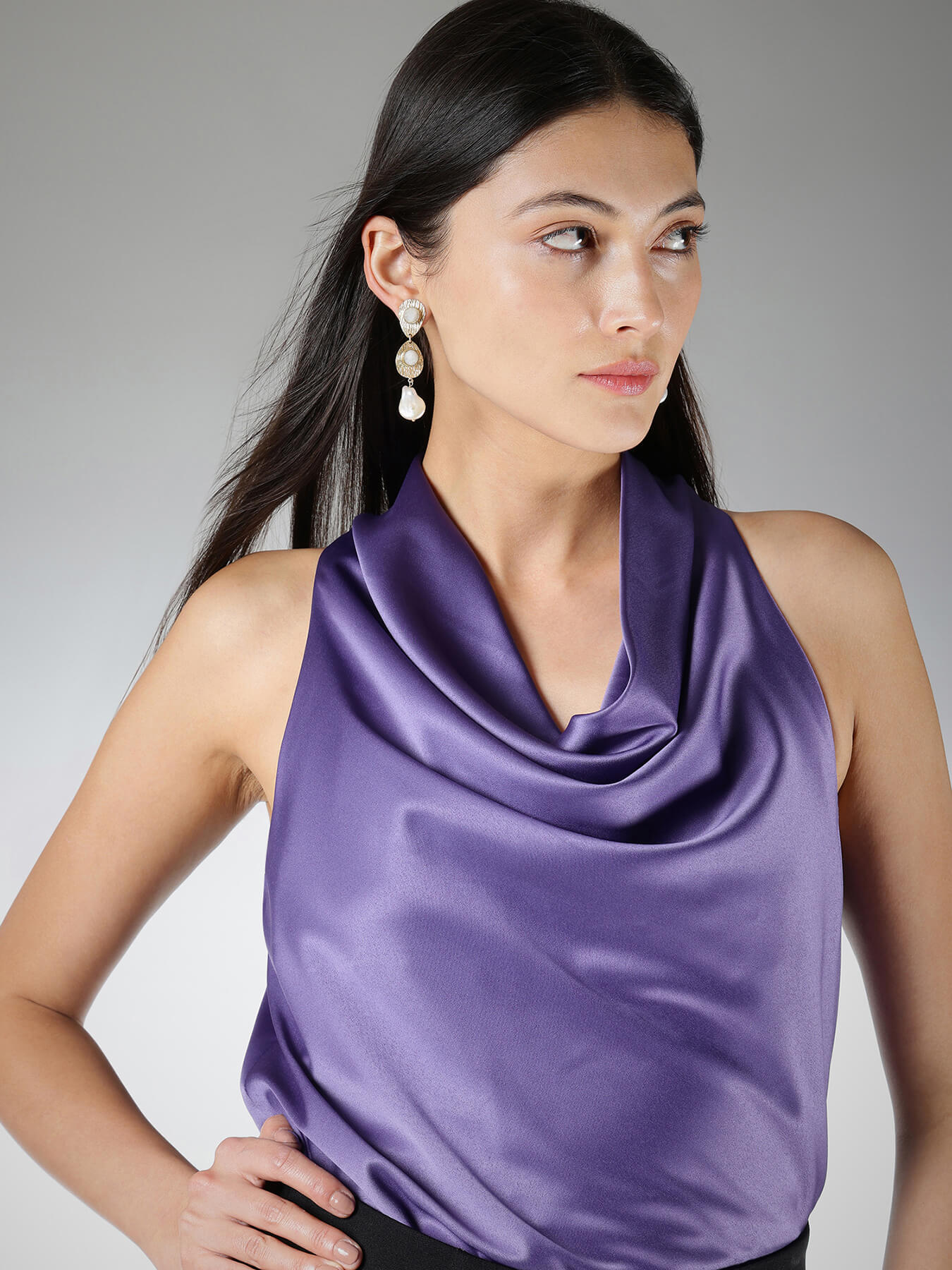 Satin Cowl Neck Top - Purple