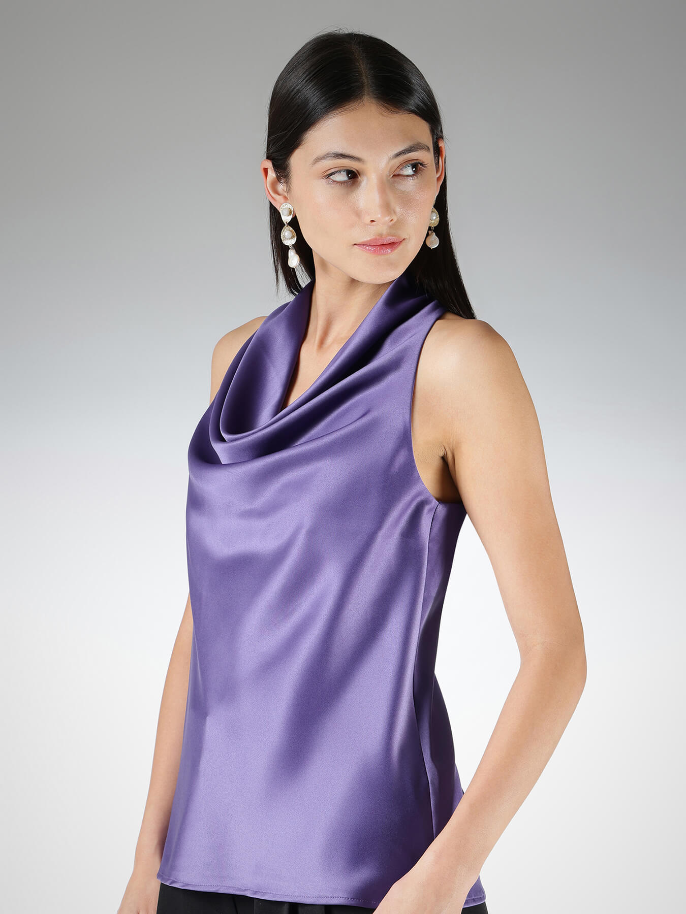 Satin Cowl Neck Top - Purple