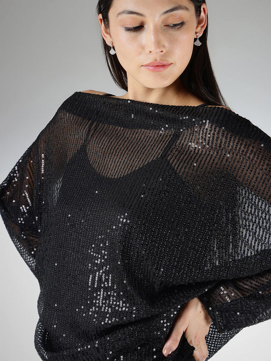 Sequin Kimono Top - Black