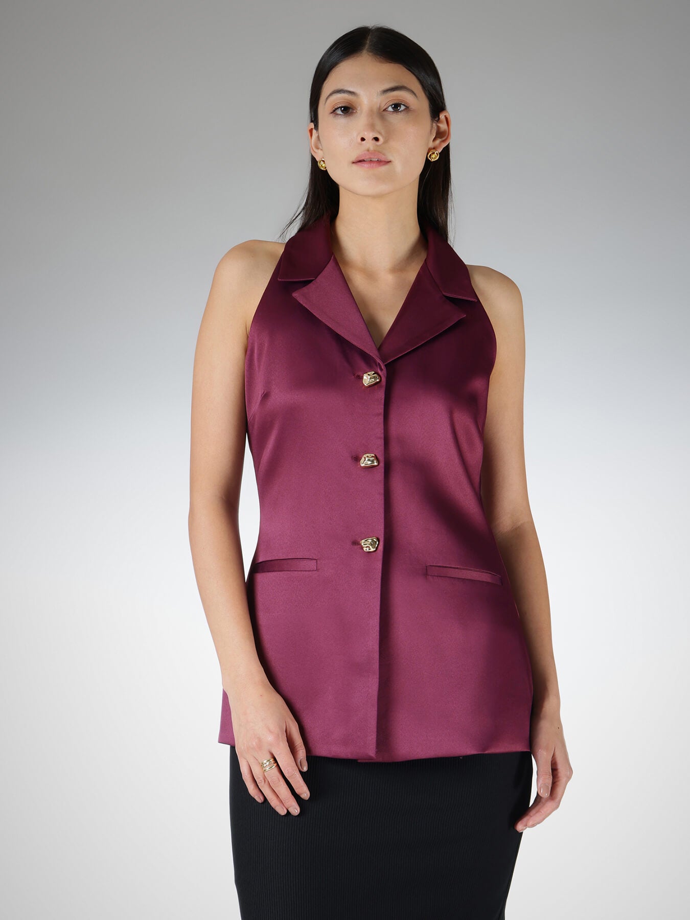 Satin Halter Vest Top - Wine