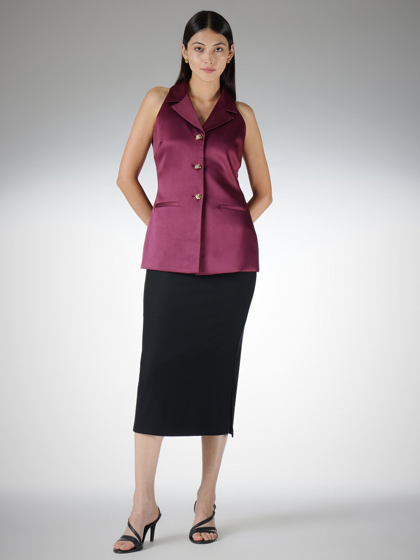 Satin Halter Vest Top - Wine