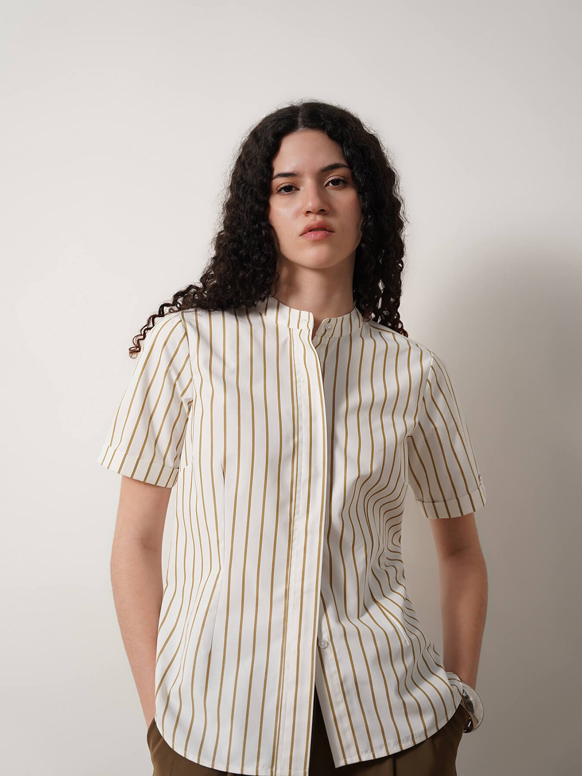 Mandarin Collar Striped Top - White