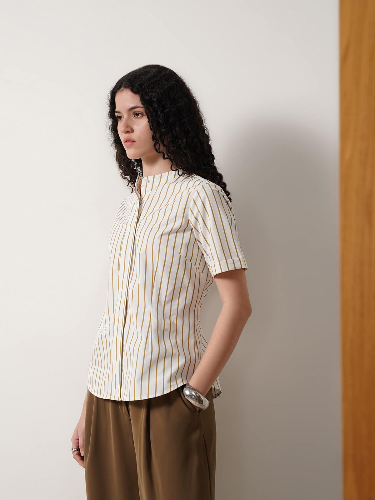Mandarin Collar Striped Top - White