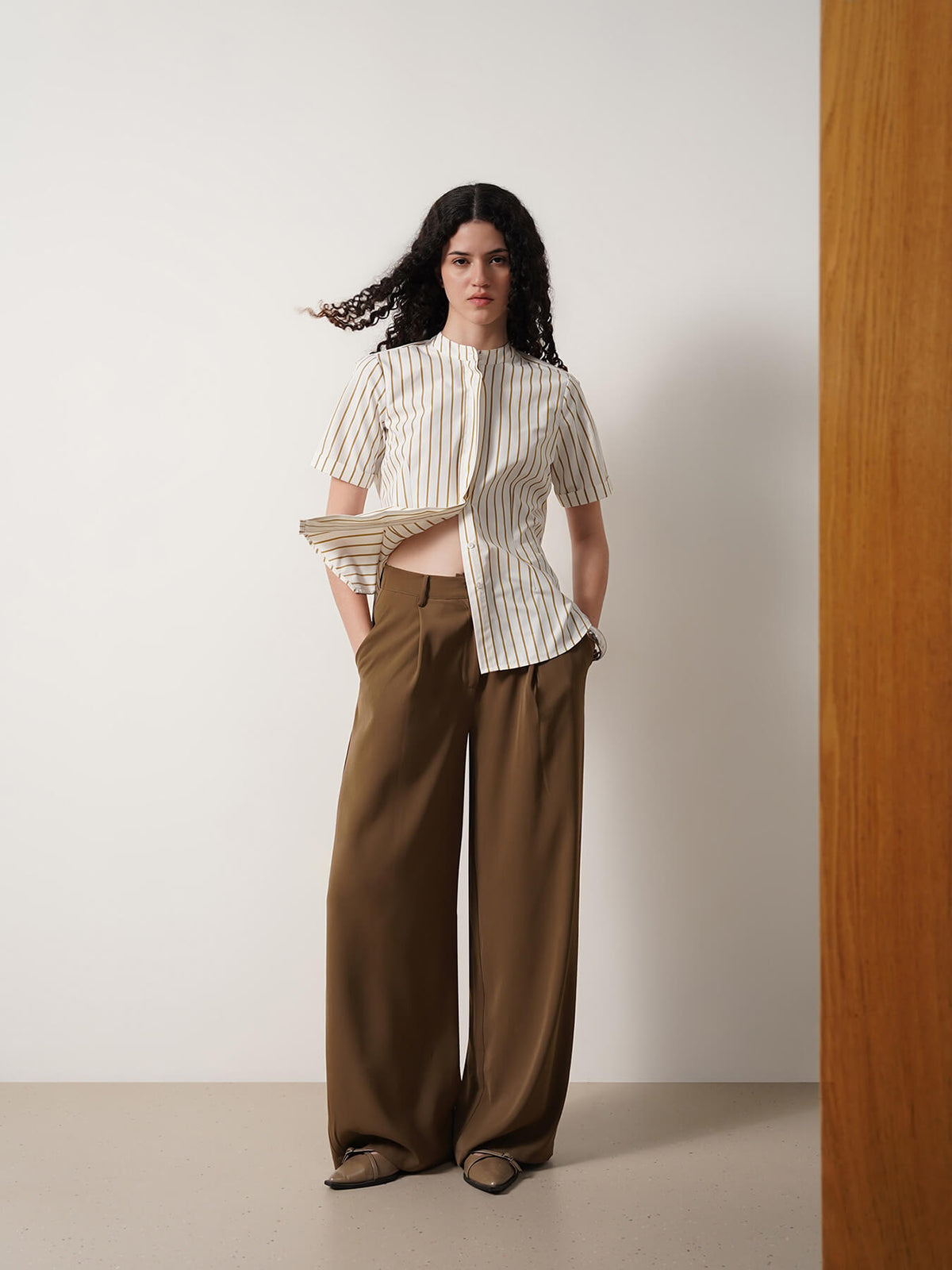 Mandarin Collar Striped Top - White