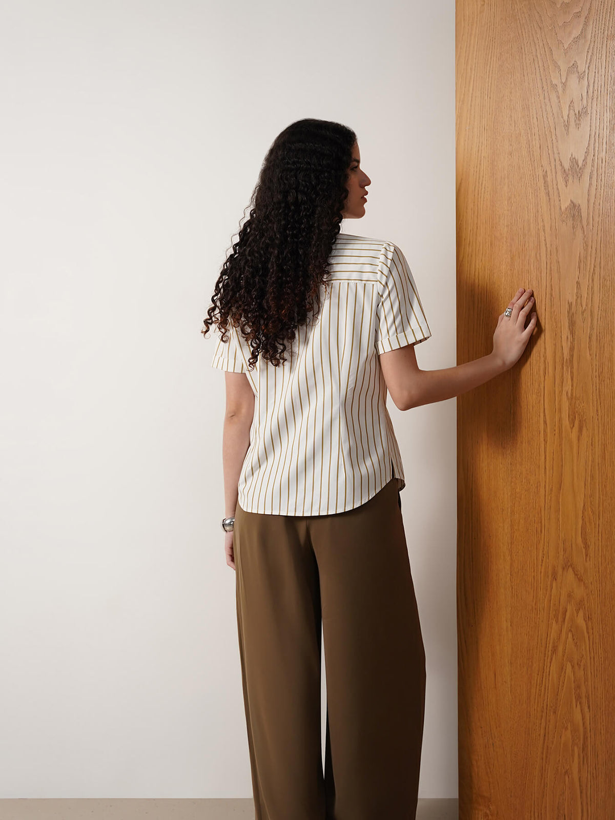 Mandarin Collar Striped Top - White
