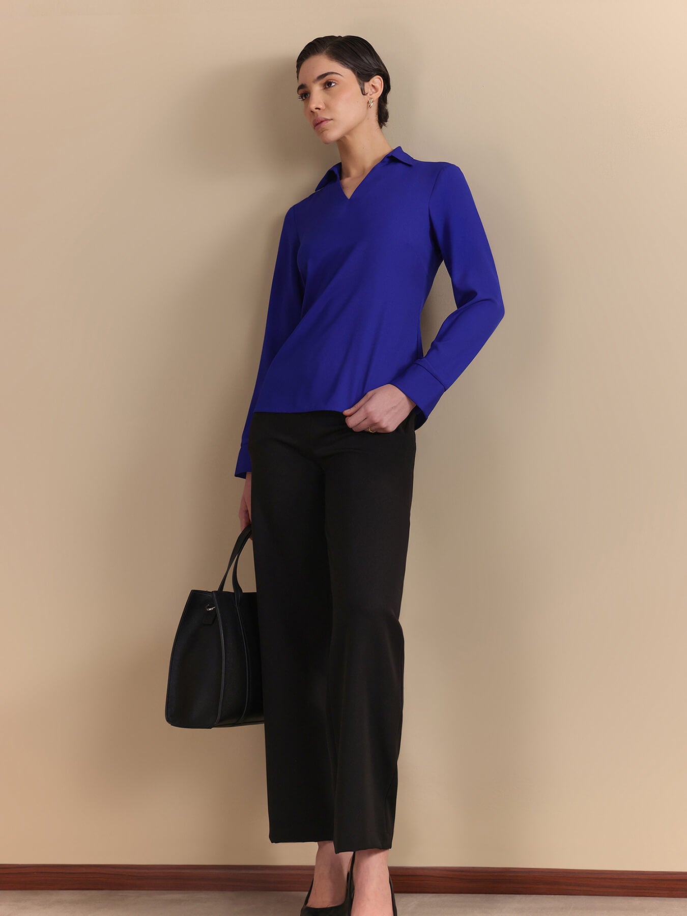 Collared V-Neck Top - Royal Blue