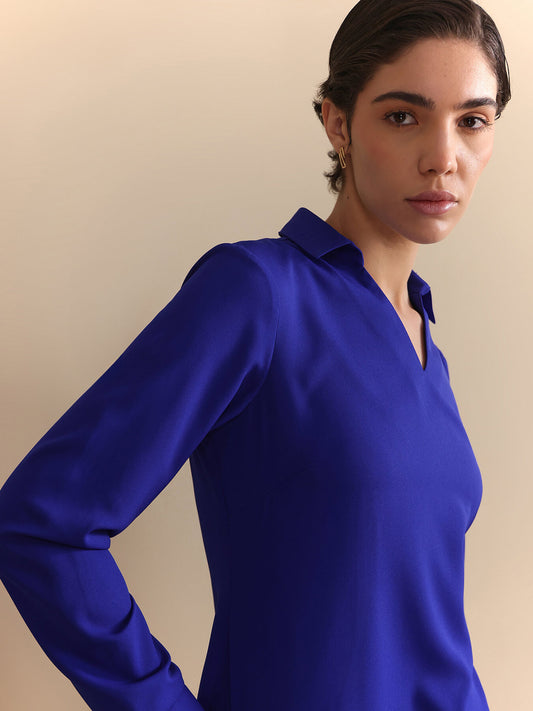 Collared V-Neck Top - Royal Blue