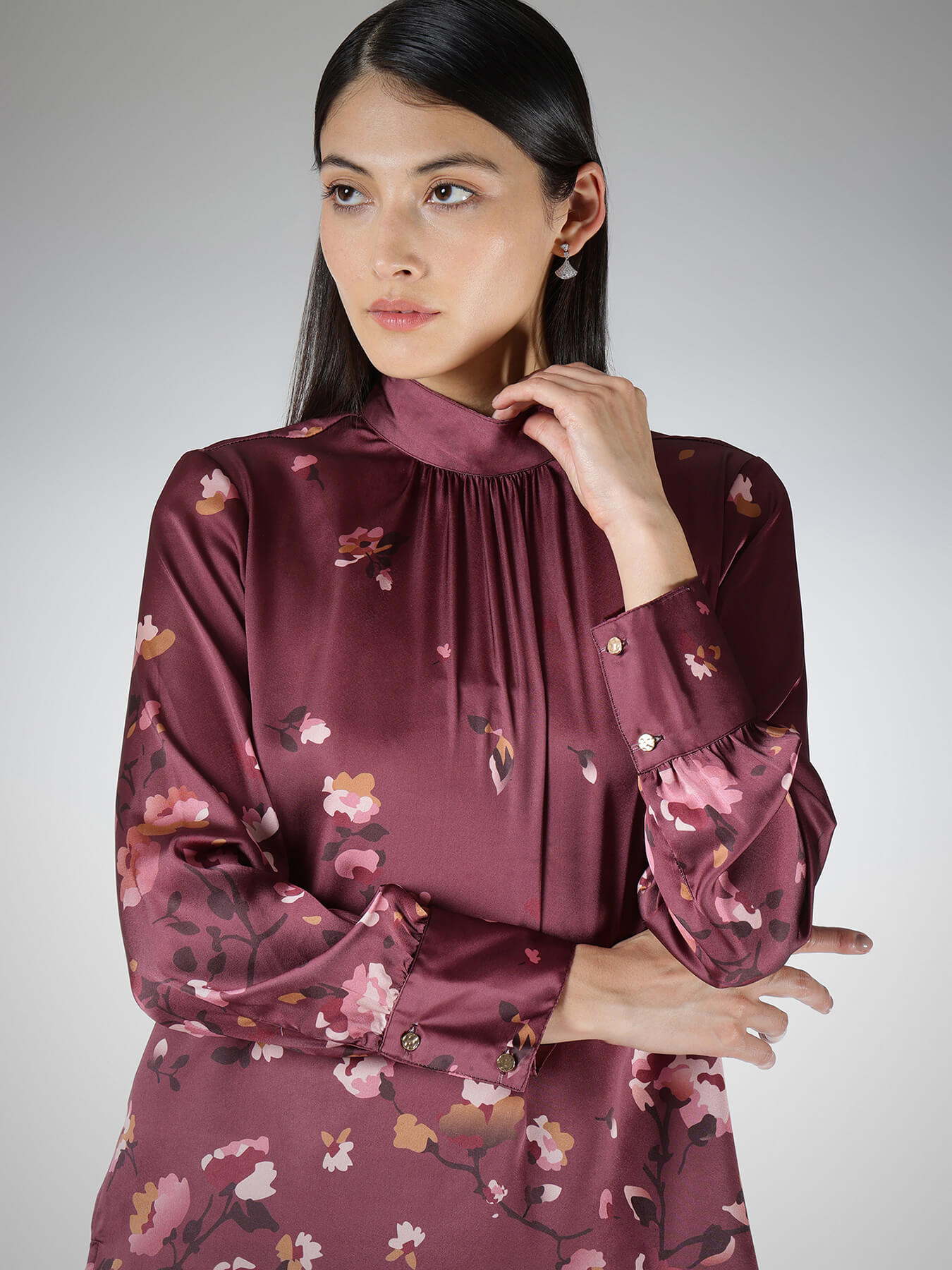 Satin Floral Top - Wine