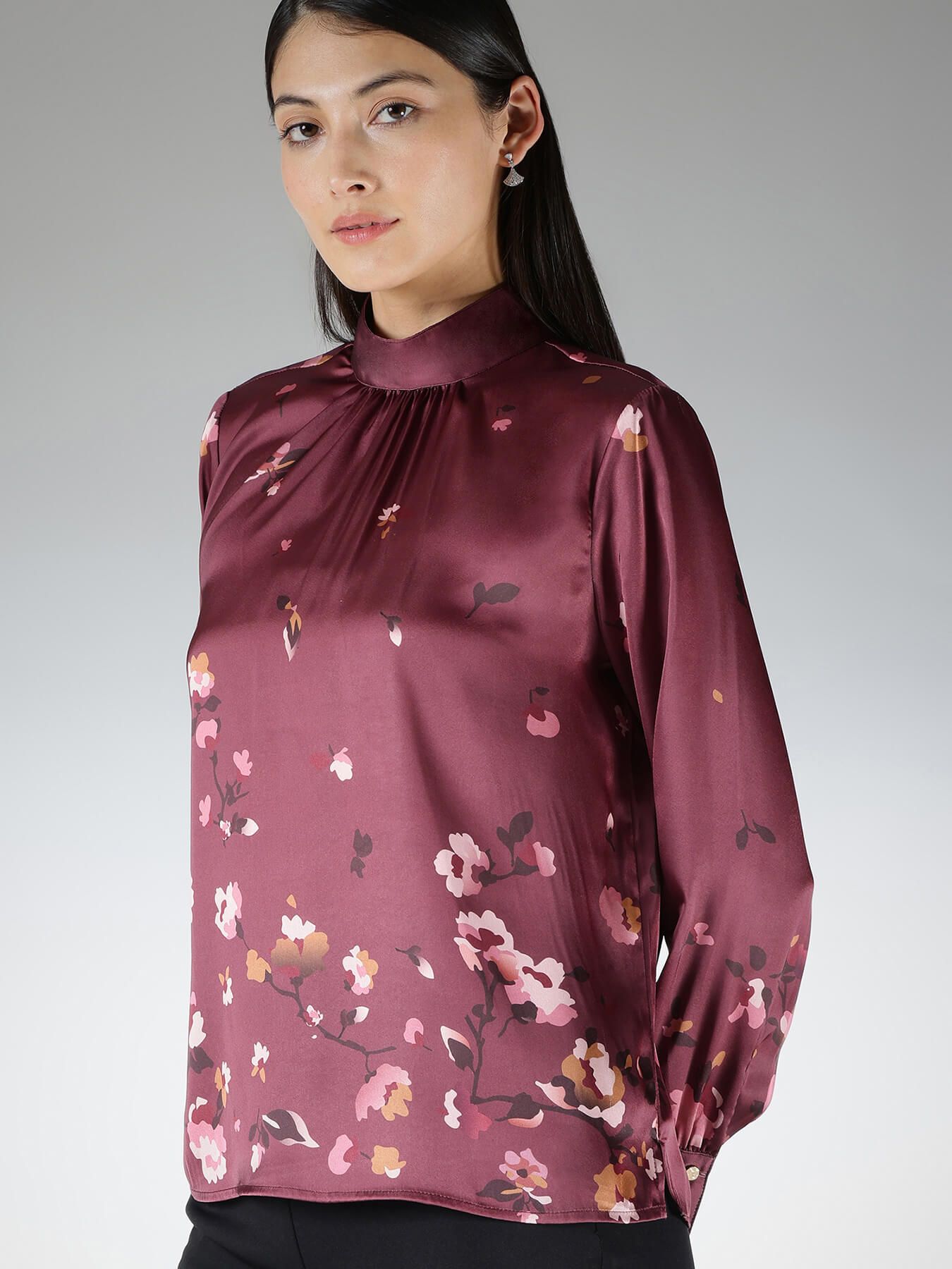Satin Floral Top - Wine